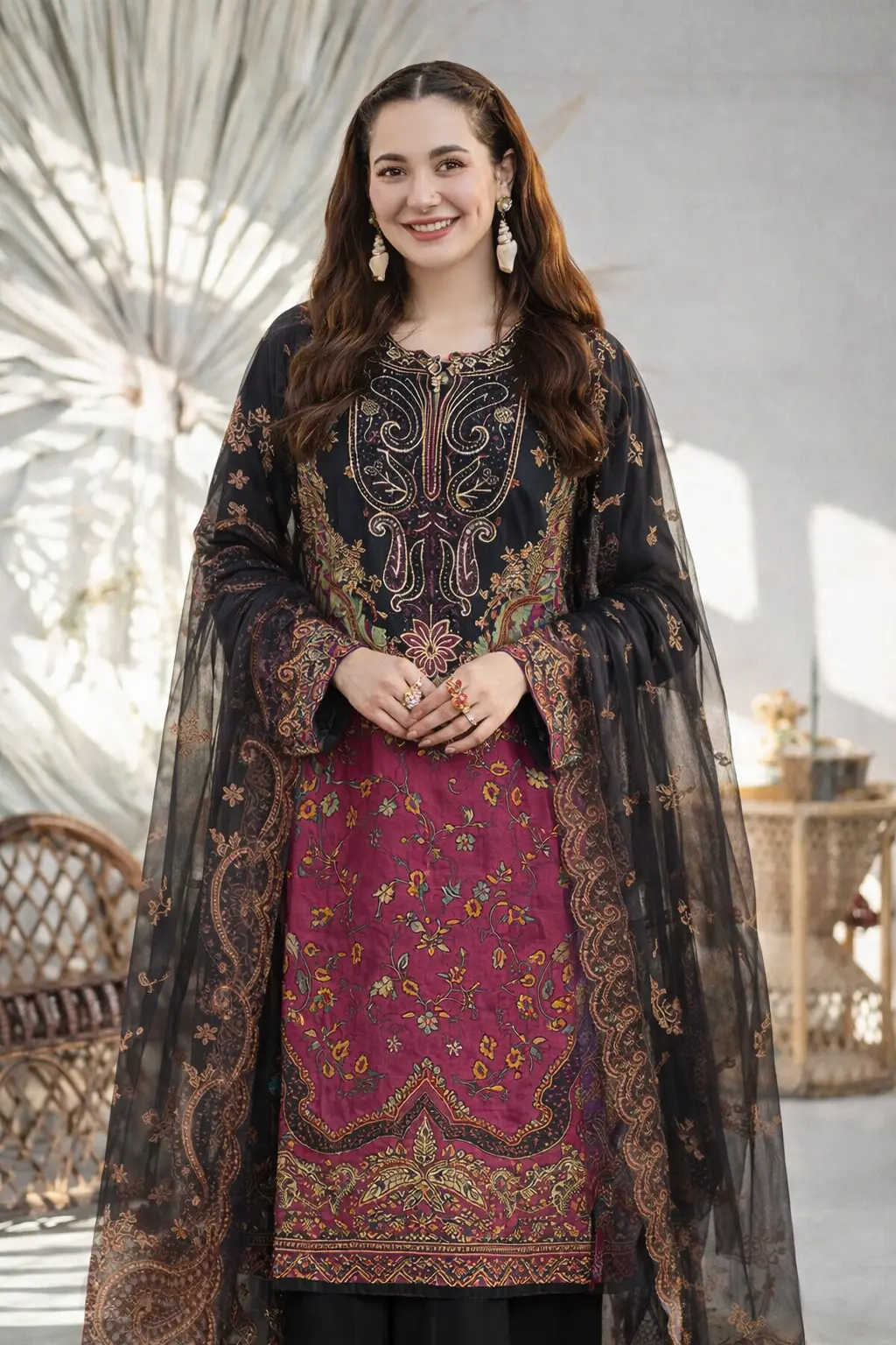 Black Printed Lawn 3 Piece Suit | Embroidered Shirt & Chiffon Dupatta Pakistan