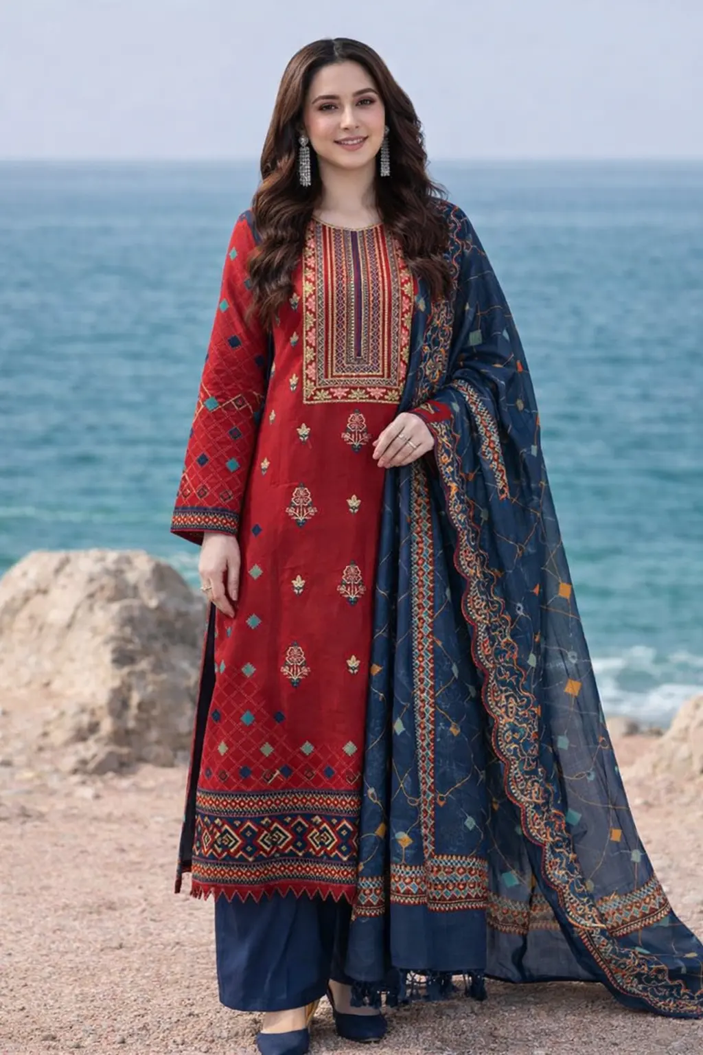 Printed Lawn 3 Piece Suit | Embroidered Shirt & Chiffon Dupatta