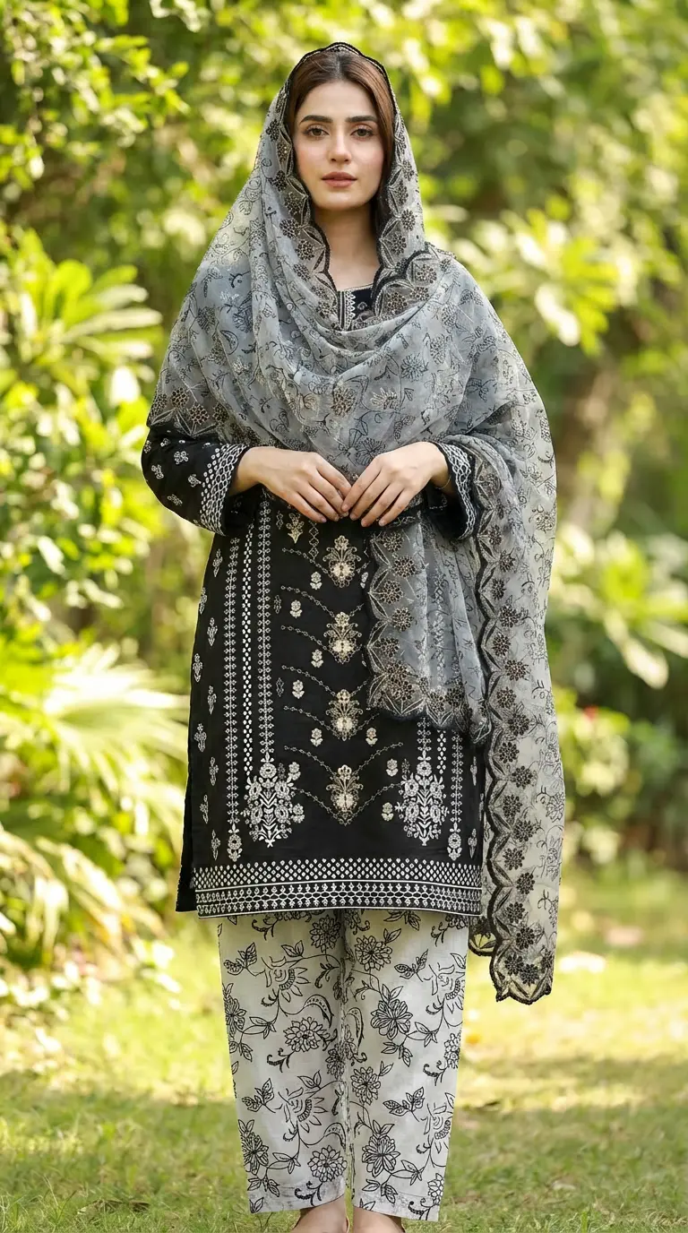 Printed Lawn 3 Piece Suit | Embroidered Shirt & Chiffon Dupatta