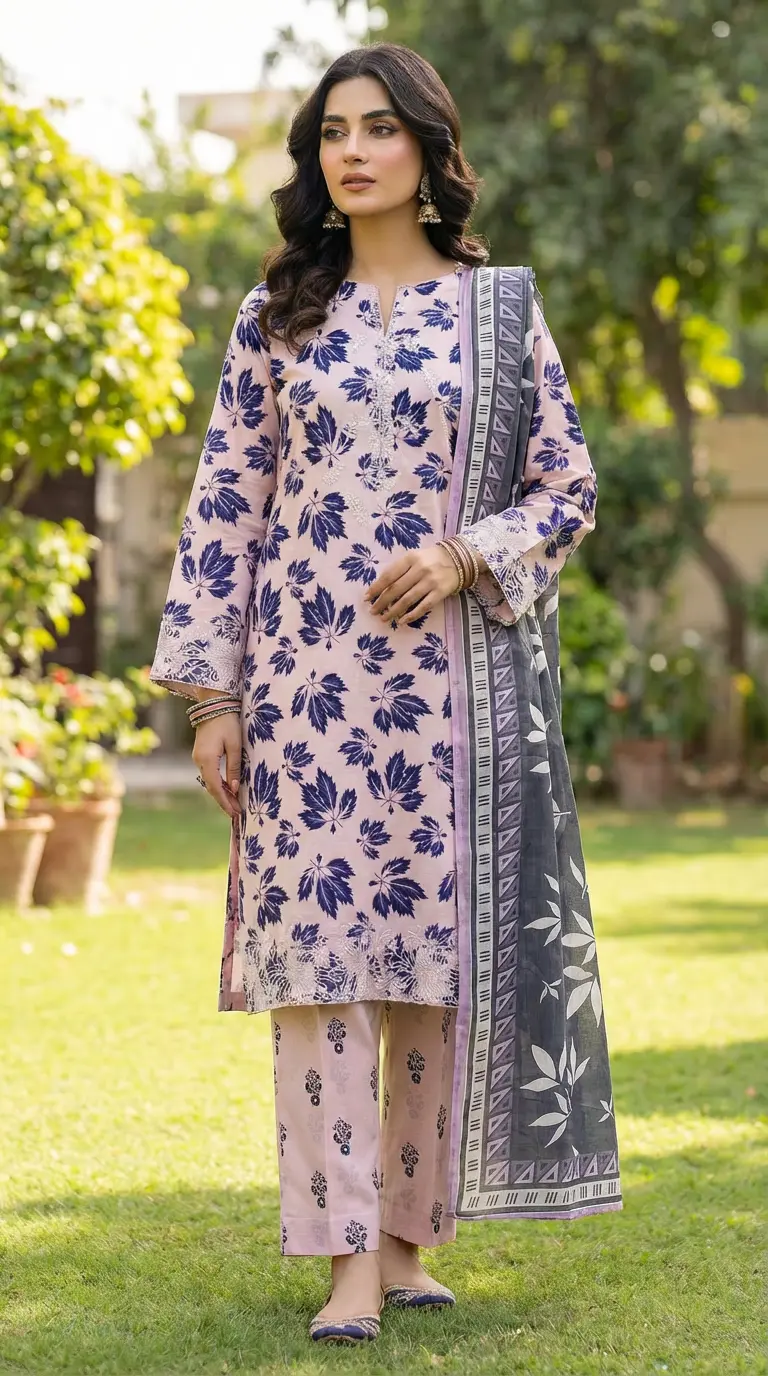 Leaves Printed Lawn 3 Piece Suit | Simple Unstitched Lawn Suits Pakistan