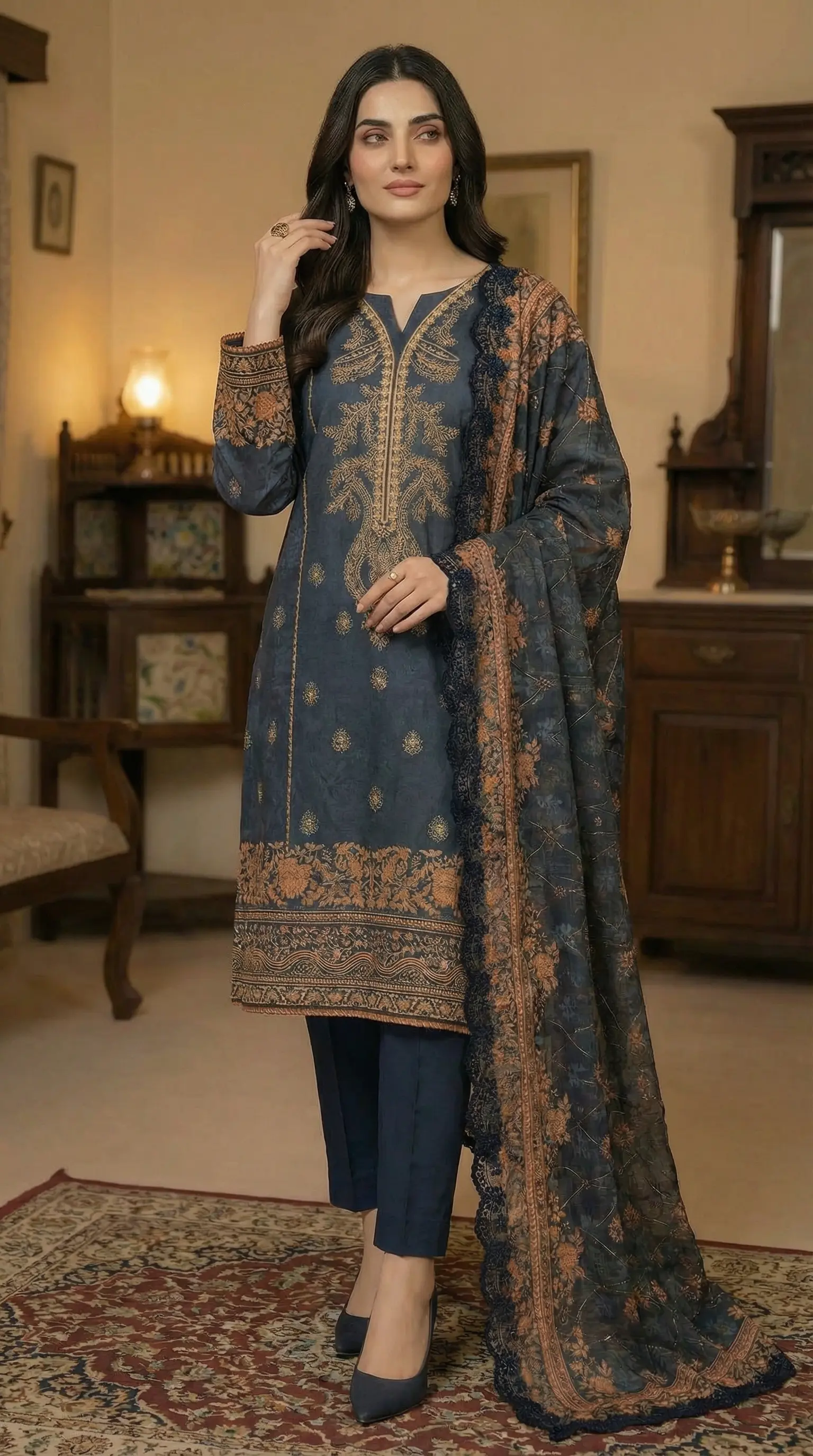 Printed Lawn 3 Piece Suit | Embroidered Shirt & Chiffon Dupatta Pakistan