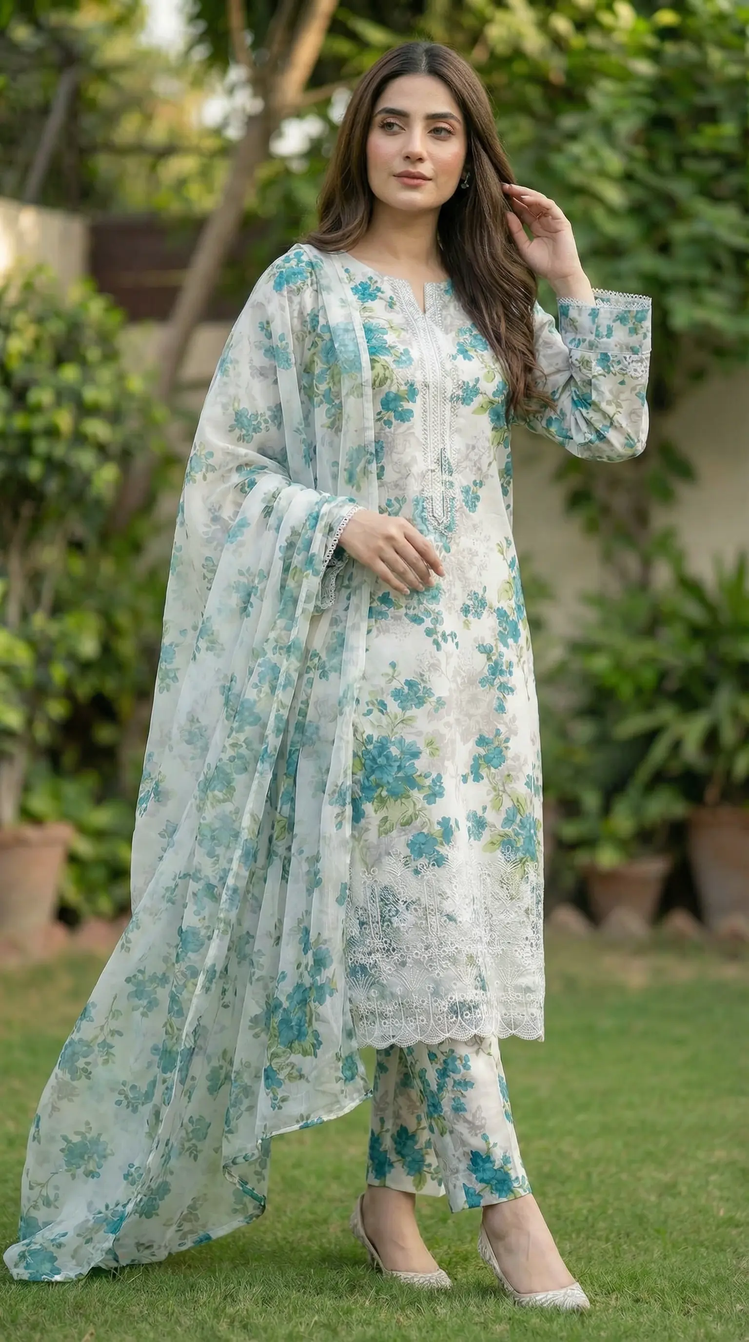 Floral Printed Lawn 3 Piece Suit | Simple Unstitched Lawn Suits Pakistan